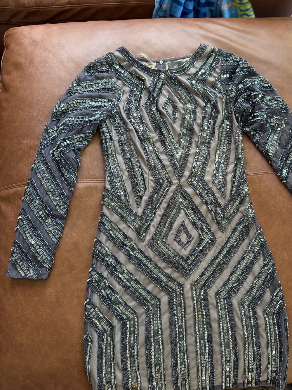 Adrianna Papell Silver and Black Beaded Long Sleeve Cocktail Dress